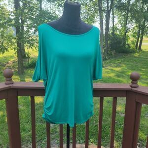 iliad USA Ladies Blouse Scoop Neck Cold Shoulder Tie Back Teal XL